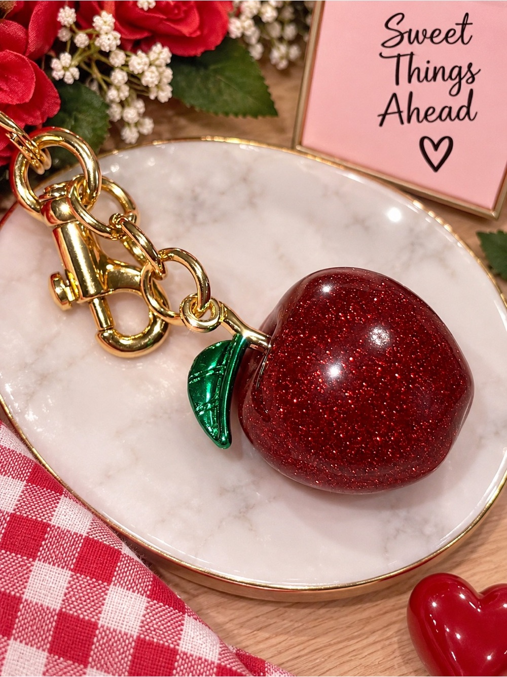 ๐ Glitter Red Apple Keychain Charm